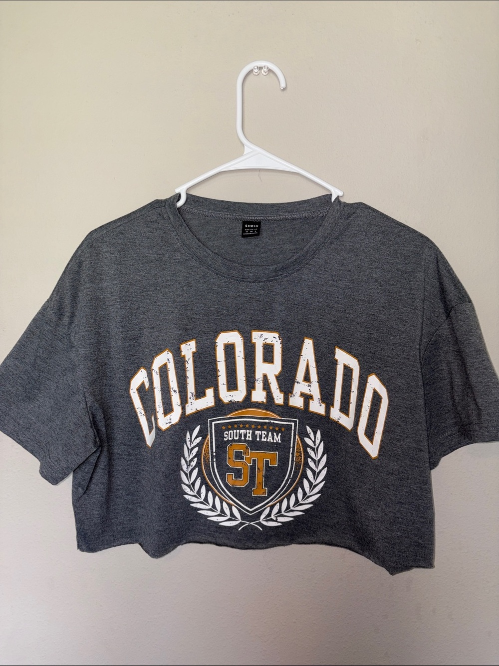 SHEIN Gray Colorado Cropped Tee with Gold & White Accent